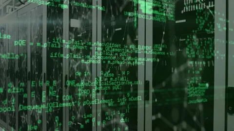 Server rack showing animated sliding code overlay on start, shifting to network Stock Footage 311141684