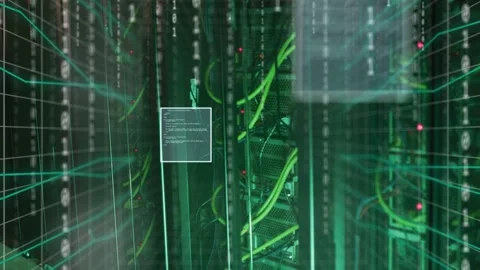 Server rack showing cables while UI panel popping and streaming binary over rack Video stock 333061260
