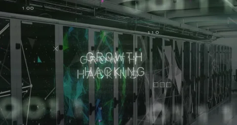 Server rack starting growth hacking animation, drifting code glitching showing Stock Footage 312500713