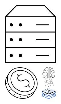 Server rack structure, coin featuring dollar sign, digital brain symbolizing  Illustrazione stock
