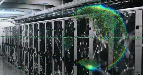 Server racks after static showing glitch overlay growing sphere visualizing data Stock Footage 326098183