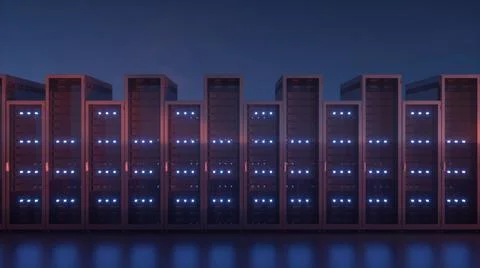 Server Racks against blue sky. Network and information servers behind glass p Stock Illustration
