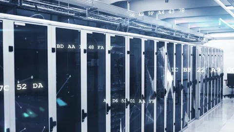 Server racks are being shown in 3D render data center, with animated code 库存影片 332686156
