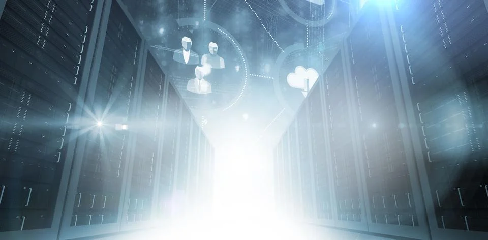 Server racks are lining flat design corridor, showing glowing floor and floating Illustrazione stock