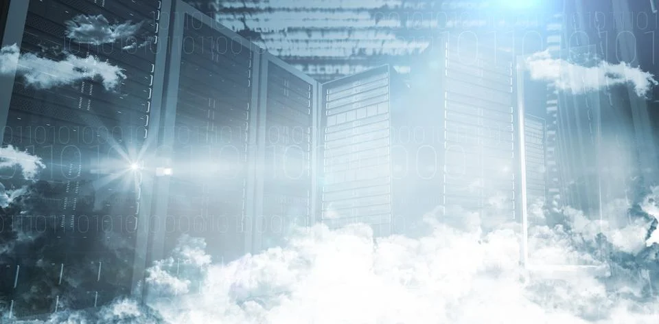 Server racks are standing in flat design scene with semi transparent clouds and Stock Photos