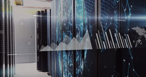 Server racks being bathed in blue data overlays, showing graphs and world map, Stock Footage 328589282