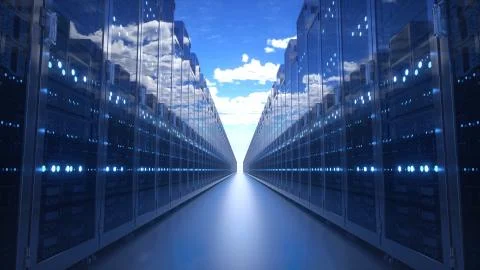 Server Racks with blue cloudy sky. 3d illustration Foto stock