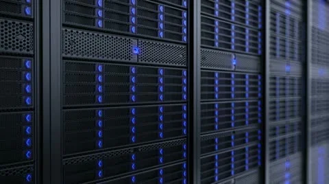 Server racks with blue LED lights in a data center room Stock Footage 21530765