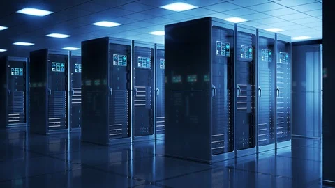 Server racks in a blue lit data center with reflective floor Stock Footage 126251575