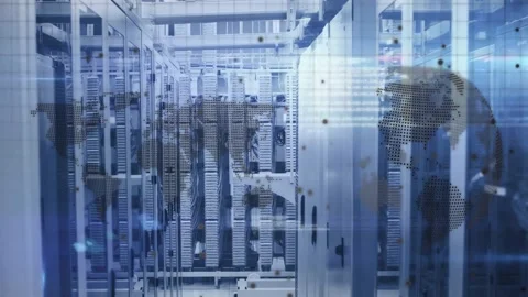 Server racks centering while dotted world-map overlay appearing from right, Stock Footage 331235490