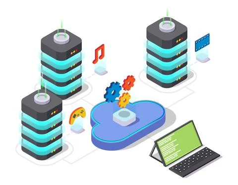 Server racks with cloud, vector isometric illustration. Cloud storage management 스톡 일러스트