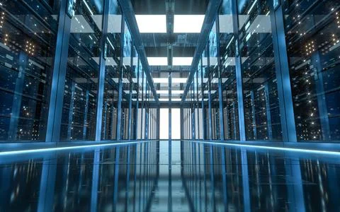 Server racks in computer network security server room data center, 3d renderi Stock Illustration