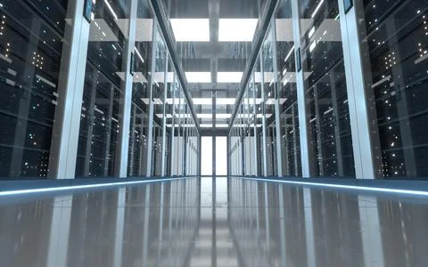 Server racks in computer network security server room data center, 3d renderi Stock Illustration
