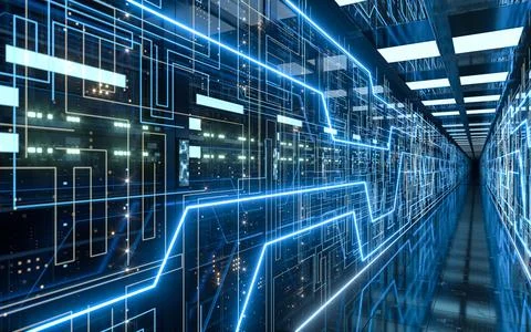 Server racks in computer network security server room data center, 3d renderi Stock Illustration