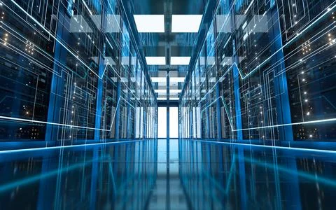 Server racks in computer network security server room data center, 3d renderi Stock Illustration