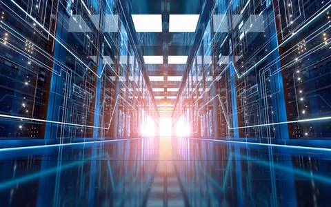 Server racks in computer network security server room data center, 3d renderi Stock Illustration