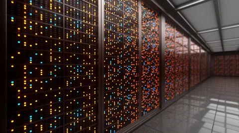 Server racks in computer network security server room data center. 3d renderi Stock Illustration