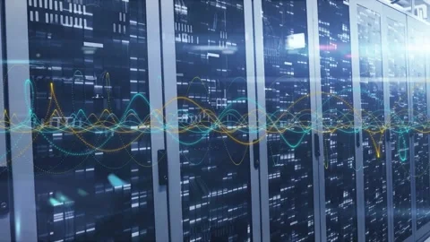 Server racks in data aisle pulsing LEDs and overlaying waveform with incoming Stock Footage 333287085