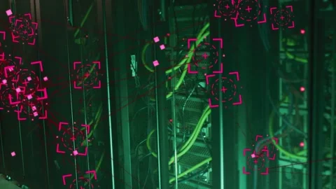 Server racks in data center receiving network scan, magenta HUD targeting cables Stock Footage 331283799