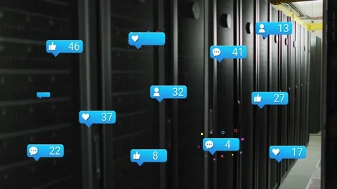 Server racks data center static while one blue alert appearing sparking bubbles Stock Footage 331227142