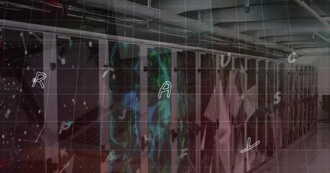 Server racks displaying data flow in data center aisle, with network cables and Stock Photos