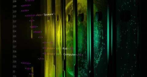 Server racks displaying globe network projection in data center, with LED lights 写真素材