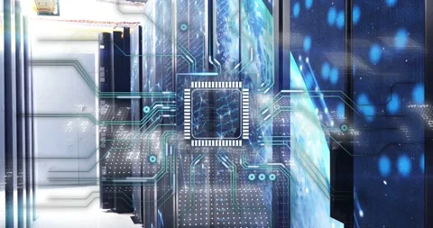 Server racks displaying microchip overlay in data center, square marker Stock Footage 333967998