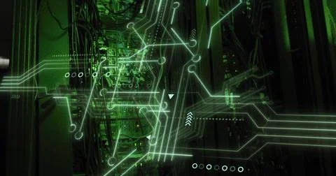 Server racks displaying network flow in dimly lit data center, with cables, Stock Photos