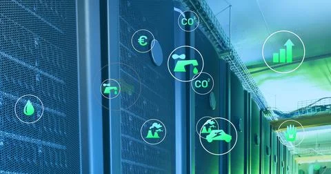 Server racks displaying various environmental and economic data icons Stock Illustration
