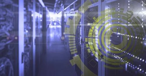 Server racks extending down data center aisle, with cables overhead and LED Stock Photos
