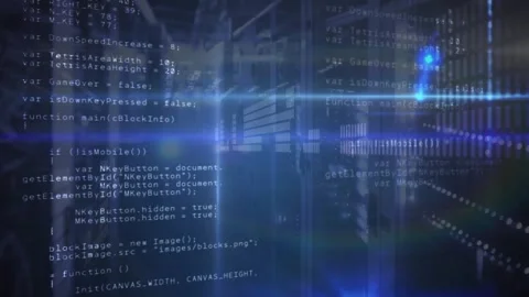 Server racks fading into view while neon blue beams sweeping code scrolling Stock Footage 317593141