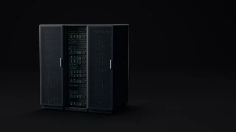 Server racks filled with blinking lights stand in a dark, modern data center Stock Footage 347761378