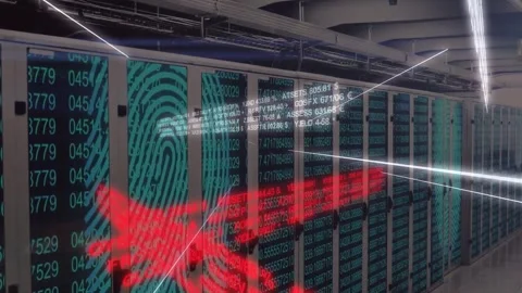Server racks filling frame, finance ribbon appearing, fingerprint projecting, Stock Footage 333963202
