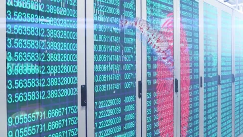 Server racks filling view streaming data and causing globe growing print Stock Footage 332591952