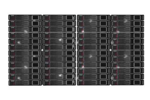 Server racks front view 3d render illustration isolated on white background. Illustrazione stock