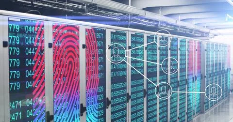 Server racks glowing and displaying code panels in data center, with biometric Stock Photos