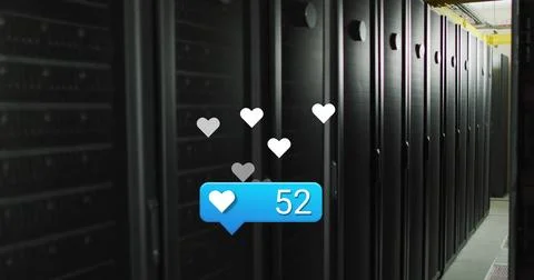 Server racks glowing in data center with raised floor, overhead trays, hearts, Stock Illustration