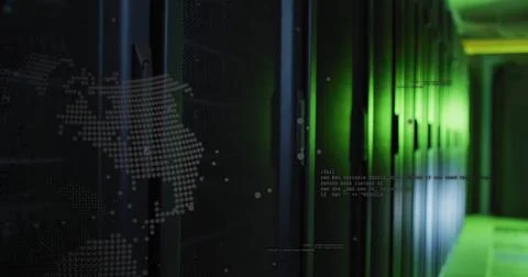 Server racks glowing in data center corridor with world map mesh doors, green Illustrazione stock