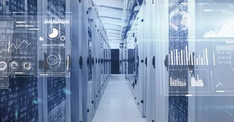 Server racks glowing in data center corridor, with LED indicators and 写真素材