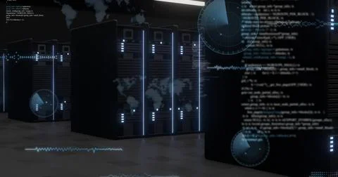 Server racks glowing in data center, with LED status lights, network switches Stock Photos