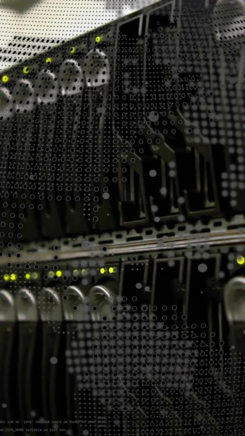 Server racks with glowing lights and digital data processing animation overlay 스톡 동영상 319617552