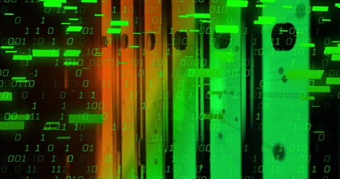 Server racks glowing under green and amber lighting while binary code floating Stock Footage 309100241