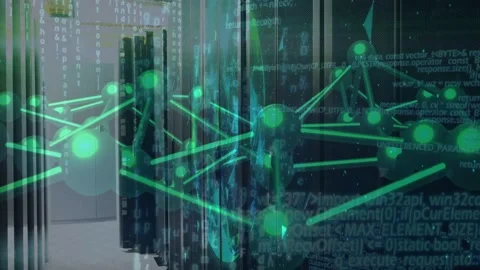 Server racks with green network overlay reacting to traffic spike, expanding, Stock Footage 332900615