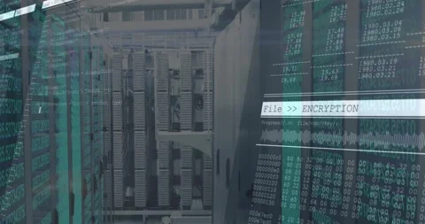 Server racks holding while code streams appearing and encryption panel sliding Stock Footage 326301786