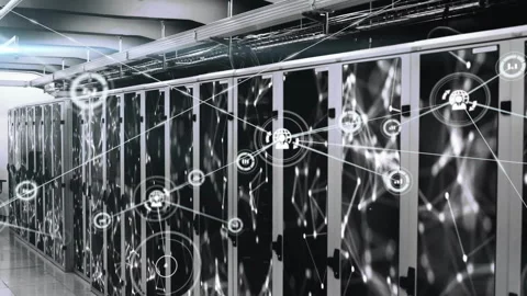 Server racks hosting network overlay expanding after node fade linking nodes and Video stock 312898645