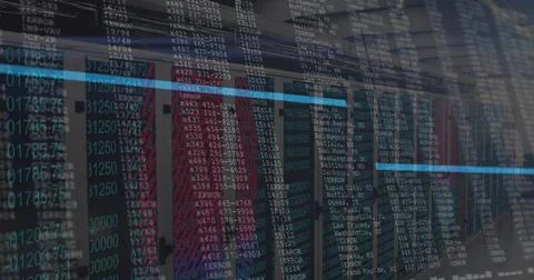 Server racks humming in data center, with switches and patch cables, LEDs and Stock Illustration