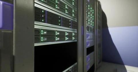Server racks with illuminated indicators in a modern data center environment Stock Illustration