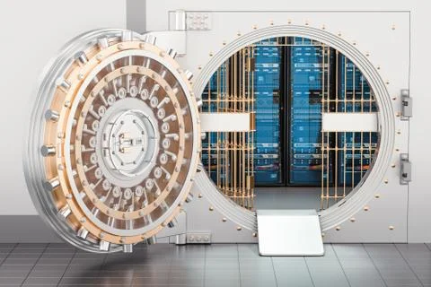 Server racks inside bank vault. Security and protection concept, 3D rendering Illustrazione stock