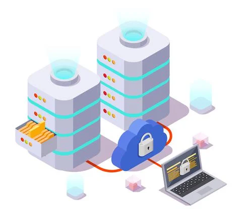 Server racks, laptop computer and cloud with lock on screen, vector isometric Stock Illustration