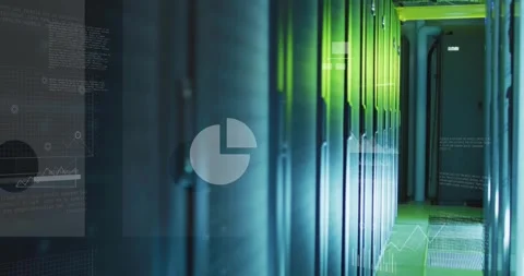 Server racks lining aisle, camera moving right activating HUD overlays Stock Footage 331269908